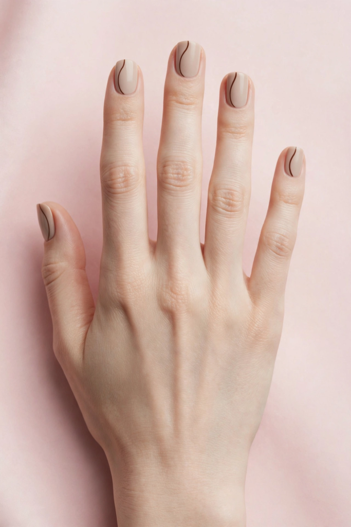20 Minimalist Nail Designs for Short Nails Minimalist nail designs for short nails featuring matte nude polish accented with delicate curved dark brown swirl lines along one edge of each nail on a soft pink background.