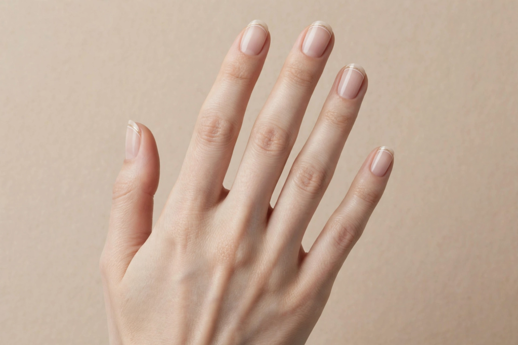 20 Minimalist Nail Designs for Short Nails Minimalist nail designs for short nails featuring sheer natural glossy nude polish accented with ultra-thin white double micro-French tip lines against a soft beige background.