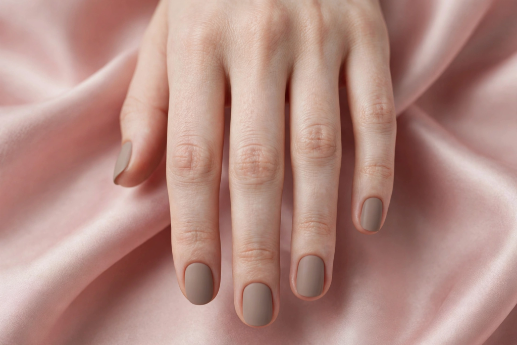 20 Minimalist Nail Designs for Short Nails Minimalist nail designs for short nails featuring solid matte mocha-taupe polish on clean, neatly shaped short nails against draped pink satin silk.