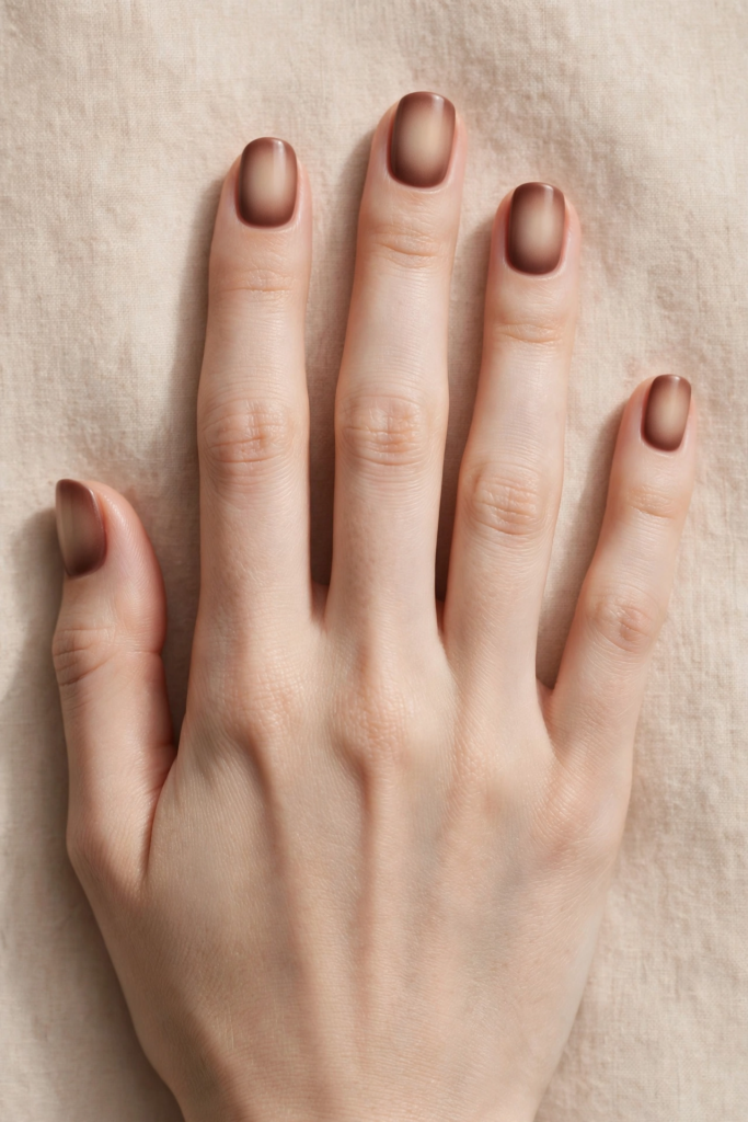 20 Minimalist Nail Designs for Short Nails Minimalist nail designs for short nails featuring soft warm mocha-brown aura blush gradient manicure on short squoval nails against textured linen fabric.