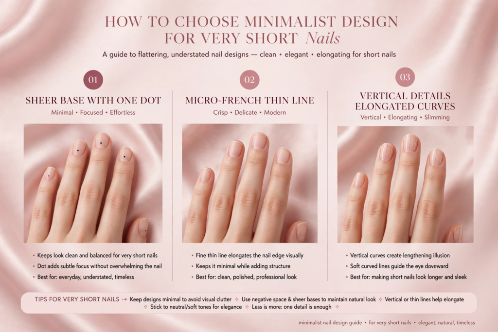 20 Minimalist Nail Designs for Short Nails Infographic guide on minimalist nail designs for short nails showcasing sheer base with dots, micro-French thin lines, and vertical elongated curve accents on a blush pink background.