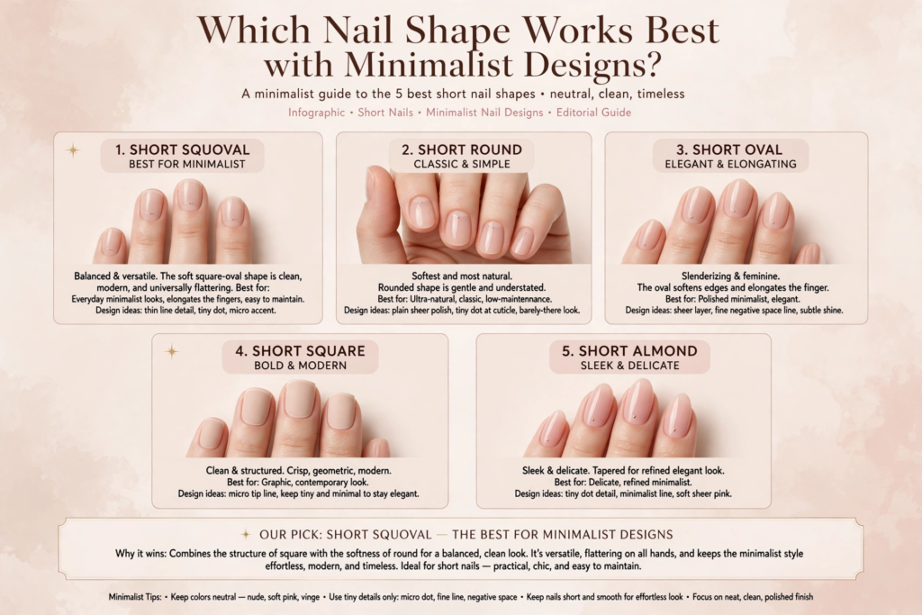 20 Minimalist Nail Designs for Short Nails Infographic guide on the best nail shapes for minimalist nail designs for short nails, comparing short squoval, round, oval, square, and almond styles.