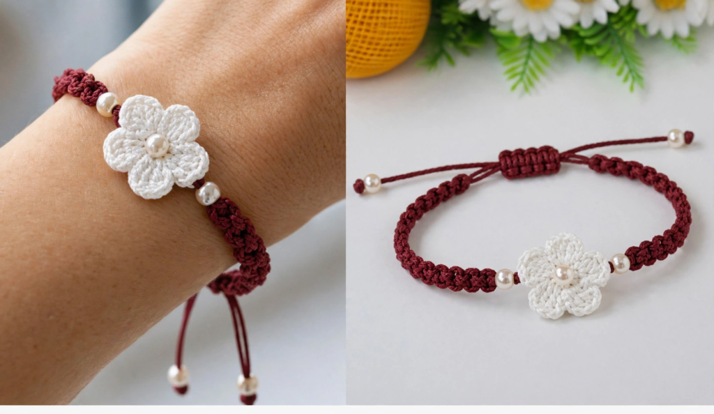 20 Nostalgic Crafts Making a Comeback in 2026 Handmade maroon braided cord bracelet with a delicate white crochet flower and pearl accents, highlighting nostalgic crafts 2026 handmade jewelry ideas.