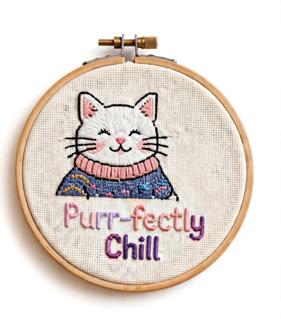 20 Nostalgic Crafts Making a Comeback in 2026 Handmade embroidery hoop art featuring a cozy white cat in a sweater with the phrase "Purr-fectly Chill," inspiring nostalgic crafts 2026 DIY needlework projects.