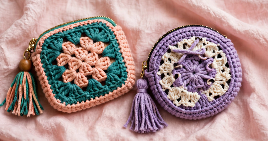 20 Nostalgic Crafts Making a Comeback in 2026 Handmade crochet coin purses featuring a square teal and peach granny square pouch and a round lavender and cream zippered pouch with yarn tassels, showcasing nostalgic crafts 2026 DIY accessory ideas.