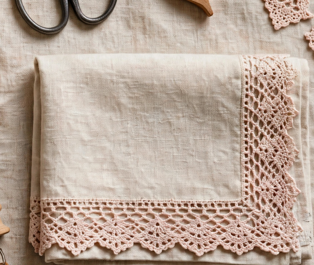 20 Nostalgic Crafts Making a Comeback in 2026 Folded neutral linen fabric trimmed with an intricate blush pink crochet lace border, highlighting nostalgic crafts 2026 handmade table linen and sewing ideas.