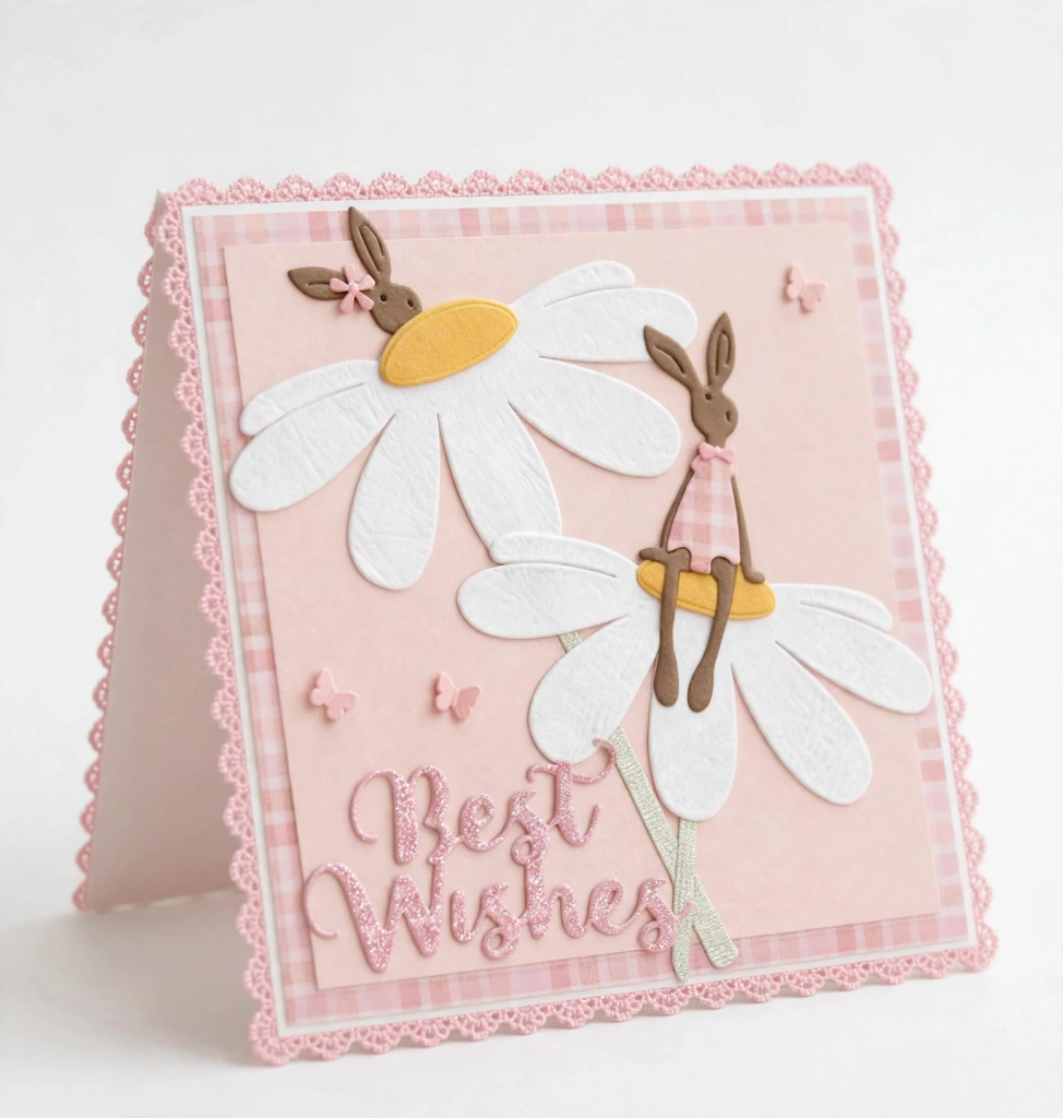 20 Nostalgic Crafts Making a Comeback in 2026 Handcrafted pink greeting card featuring cute bunnies resting on large white daisies, crochet lace trim, and glittery "Best Wishes" lettering, showcasing nostalgic crafts 2026 handmade card making ideas.