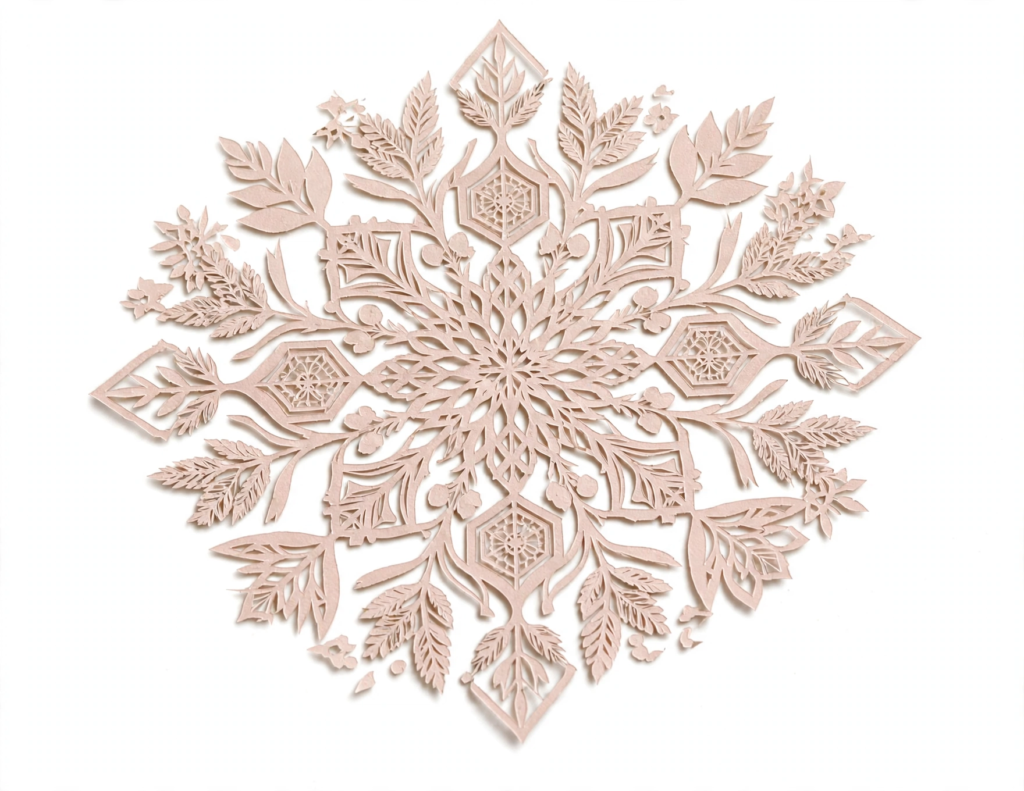 20 Nostalgic Crafts Making a Comeback in 2026 Intricate papercut mandala snowflake in soft blush pink featuring delicate botanical and floral silhouettes, highlighting nostalgic crafts 2026 DIY paper art ideas.