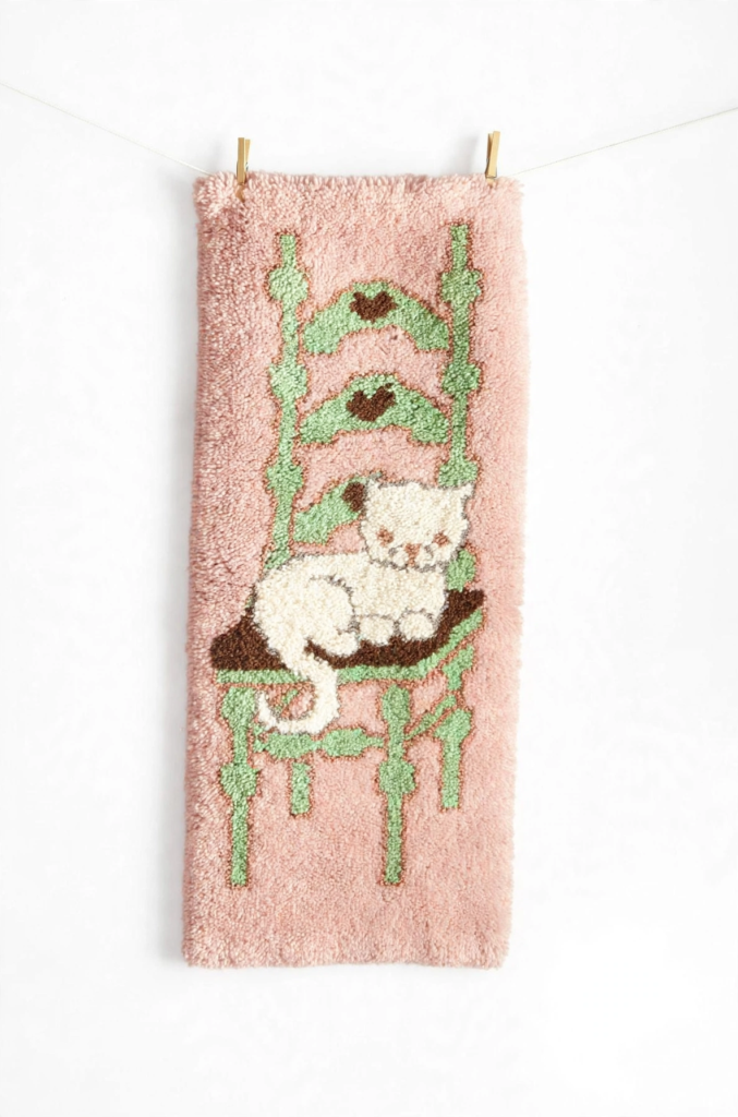 20 Nostalgic Crafts Making a Comeback in 2026 Handcrafted punch needle wall hanging in soft pink featuring a white cat lounging on a vintage green chair, showcasing nostalgic crafts 2026 textile home decor ideas.