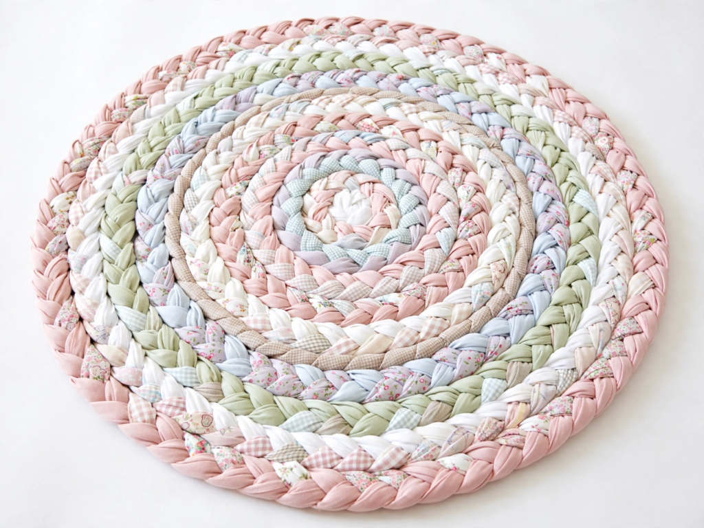 20 Nostalgic Crafts Making a Comeback in 2026 Handcrafted circular braided rag rug made from pastel pink, green, and floral patterned fabric strips, showcasing nostalgic crafts 2026 DIY upcycled textile ideas.