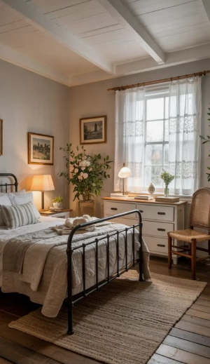 A vintage-inspired bedroom featuring a dark metal frame bed, white dresser, and soft lighting, showcasing charming bedroom makeover ideas on a budget.