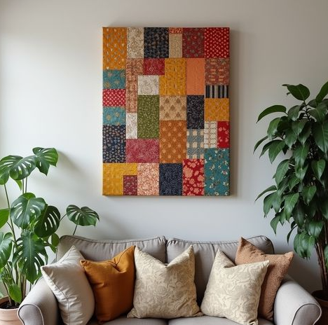 50+ Easy DIY Crafts to Sell and Make Extra Money Easy DIY crafts to sell: A large wall art piece made from a colorful patchwork of fabric swatches hanging above a grey sofa styled with accent pillows, flanked by potted green plants.