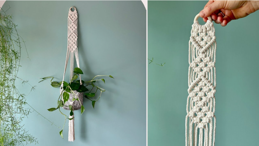50+ Easy DIY Crafts to Sell and Make Extra Money Easy DIY crafts to sell: A split-screen image featuring a white macrame plant hanger holding a potted trailing vine against a teal wall on the left, and a close-up view of a hand holding the intricate knotted pattern of the hanger by its top wooden ring on the right.