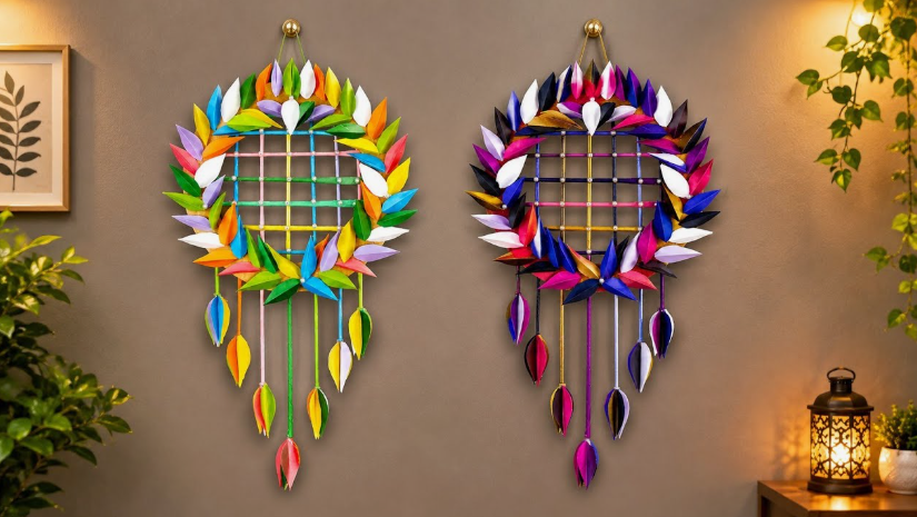 50+ Easy DIY Crafts to Sell and Make Extra Money Easy DIY crafts to sell: Two colorful paper-craft wall hangings featuring circular grids surrounded by folded paper leaves and dangling teardrop elements, with a bright multicolored design on the left and a deep purple, magenta, and blue palette on the right.
