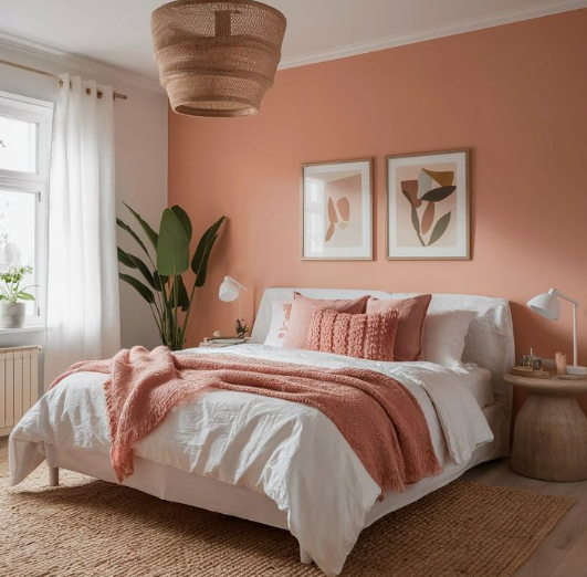A warm terracotta-toned bedroom featuring framed abstract art, a woven pendant light, and cozy textured bedding, highlighting stylish bedroom makeover ideas on a budget.