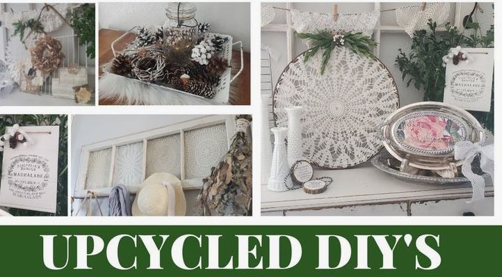 50+ Easy DIY Crafts to Sell and Make Extra Money Easy DIY crafts to sell: A collage of rustic, upcycled decor projects featuring a pinecone-filled metal tray, framed vintage lace doilies, repurposed window frames, and decorative plaques with the text "Upcycled DIY's" at the bottom.