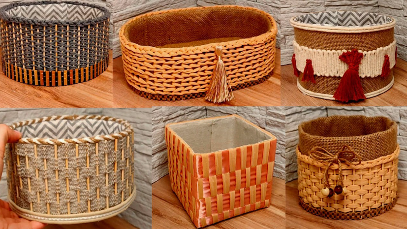50+ Easy DIY Crafts to Sell and Make Extra Money Easy DIY crafts to sell: A grid of six handmade storage baskets featuring various materials and designs, including woven plastic and rope baskets, burlap bins lined with chevron fabric, and baskets decorated with tassels, fringe, and twine bows.
