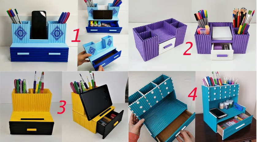 50+ Easy DIY Crafts to Sell and Make Extra Money Easy DIY crafts to sell: A grid showing four different styles of handmade desk organizers crafted from rolled paper tubes, featuring pen holders, compartments, and sliding drawers in blue, purple, yellow, and turquoise.