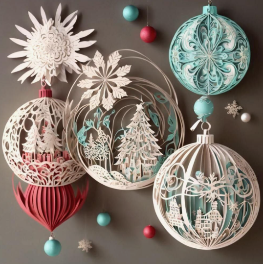 50+ Easy DIY Crafts to Sell and Make Extra Money Easy DIY crafts to sell: An intricate display of 3D paper quilling and laser-cut holiday ornaments, featuring layered snowflakes, winter village dioramas inside spherical globes, and delicate starburst medallions in white, teal, and red.