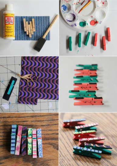 50+ Easy DIY Crafts to Sell and Make Extra Money Easy DIY crafts to sell: A multi-panel step-by-step DIY tutorial showing the process of decorating wooden clothespins using paint, Mod Podge, scissors, and patterned fabric scraps to create colorful magnetic clips.