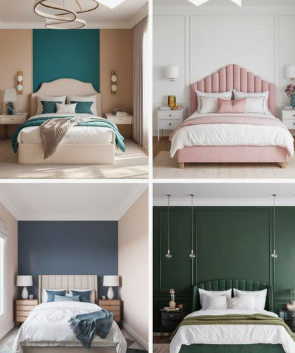 A collage of four stylish bedrooms featuring different accent wall colors and upholstered headboards, highlighting creative bedroom makeover ideas on a budget for a custom designer look.
