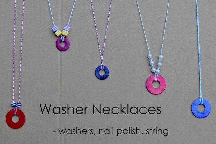 50+ Easy DIY Crafts to Sell and Make Extra Money Easy DIY crafts to sell: A collection of handmade washer necklaces suspended on string, featuring metal washers painted with vibrant nail polish in red, purple, and blue, some accented with beads.