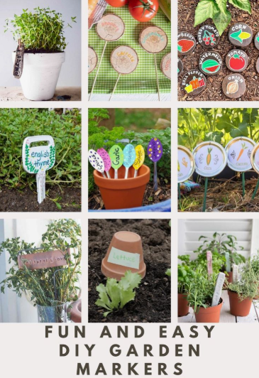 50+ Easy DIY Crafts to Sell and Make Extra Money DIY crafts to sell: collage of creative handmade garden markers including painted rocks, wooden slices, spoons, and terra cotta pots.