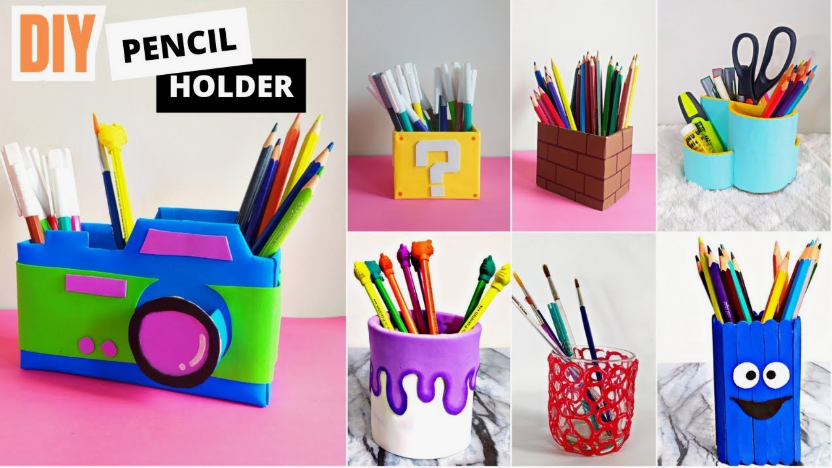 50+ Easy DIY Crafts to Sell and Make Extra Money DIY crafts to sell: collage of creative handmade pencil holders including a blue camera design, Question Block, brick block, melting paint effect, and popsicle stick monster.