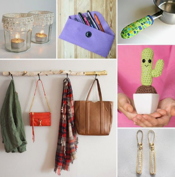 50+ Easy DIY Crafts to Sell and Make Extra Money DIY crafts to sell: collage of various handmade items including lace-trimmed candle jars, a felt pencil case, a fabric pan handle cover, a rustic branch coat rack, a cute crochet cactus, and beaded earrings.