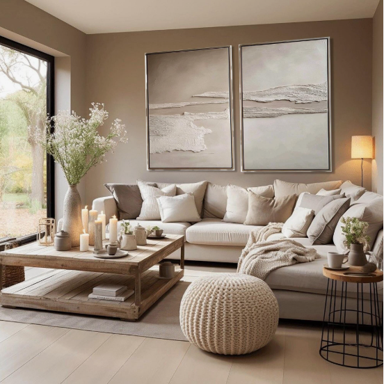 Small Living Room Decor Ideas on a Budget: 25 Stylish Ways to Make It Look Expensive Neutral living room featuring small living room decor ideas on a budget with a beige sectional sofa, a wooden tiered coffee table with candles and a vase of flowers, a knitted pouf, and large abstract wall art.