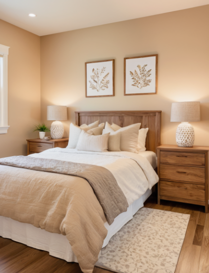 A warm, neutral-toned bedroom with matching wooden nightstands, botanical framed art, and layered bedding, illustrating smart bedroom makeover ideas on a budget.
