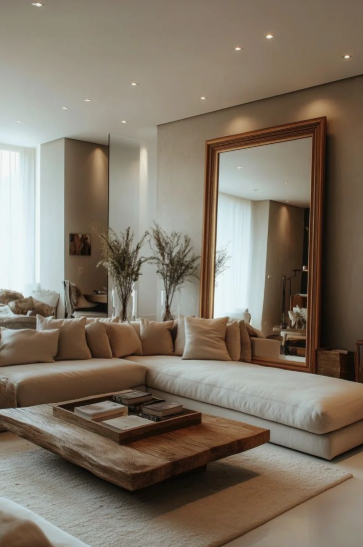 Small Living Room Decor Ideas on a Budget: 25 Stylish Ways to Make It Look Expensive Modern minimalist living room featuring small living room decor ideas on a budget with a low-profile beige sectional sofa, a rustic wooden coffee table with a book tray, a large floor mirror in a wooden frame, and dried pampas grass arrangements.
