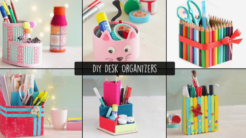 A multi-panel image displaying various homemade air dry clay ideas and craft projects styled as colorful DIY desk organizers and pen holders.