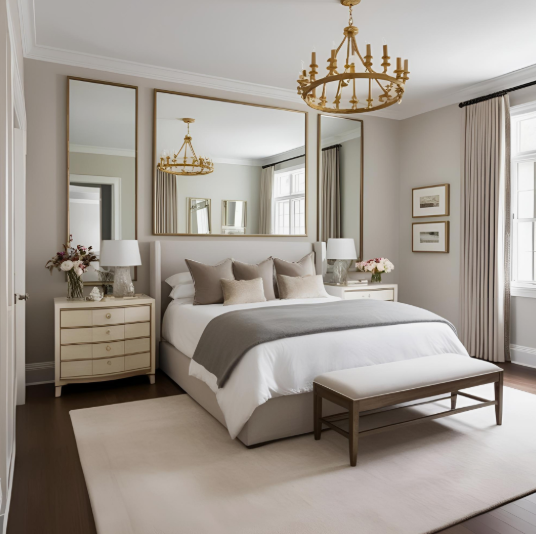 A luxurious, neutral-toned bedroom featuring large wall mirrors and an elegant gold chandelier, demonstrating chic bedroom makeover ideas on a budget.