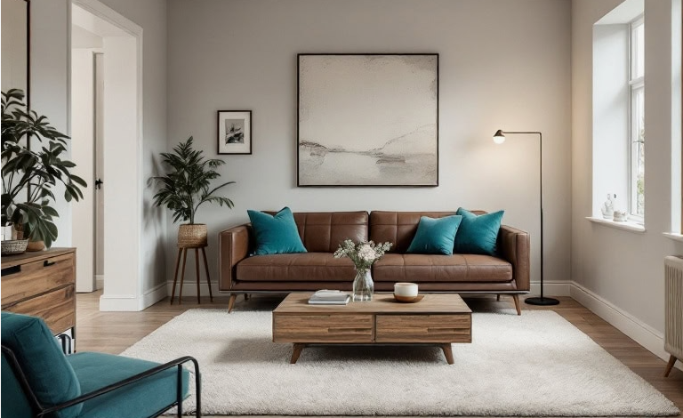Small Living Room Decor Ideas on a Budget: 25 Stylish Ways to Make It Look Expensive Modern living room featuring small living room decor ideas on a budget with a brown leather sofa, vibrant teal accent pillows, a wooden coffee table, a matching credenza, potted plants, and a floor lamp against a light gray wall.