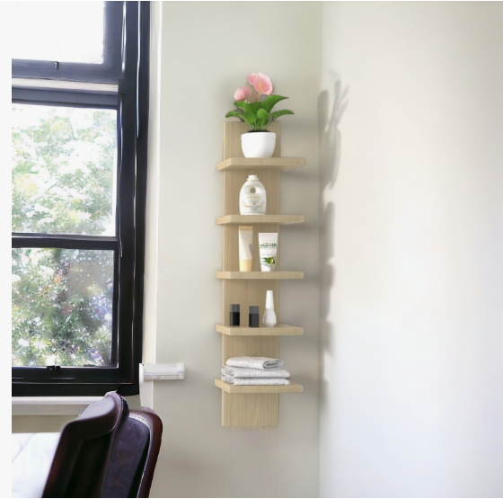 Small Living Room Decor Ideas on a Budget: 25 Stylish Ways to Make It Look Expensive Compact wall-mounted wooden shelving unit featuring small living room decor ideas on a budget, holding a potted plant, toiletries, and folded towels next to a window.