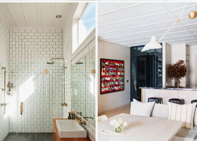 Small Living Room Decor Ideas on a Budget: 25 Stylish Ways to Make It Look Expensive Collage of interior spaces featuring small living room decor ideas on a budget with a white subway tile walk-in shower with brass fixtures, a modern bathroom vanity, and an adjacent living and dining space with vibrant wall art and textured white ceilings.