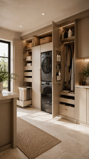 Small Living Room Decor Ideas on a Budget: 25 Stylish Ways to Make It Look Expensive Organized laundry room featuring small living room decor ideas on a budget with built-in cabinetry, a stacked washer and dryer, pull-out hamper storage, integrated shelving, and a natural woven runner rug.
