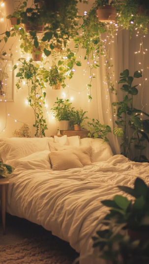 A cozy bedroom adorned with twinkling fairy lights and hanging potted plants, showcasing enchanting bedroom makeover ideas on a budget for a warm, inviting sanctuary.