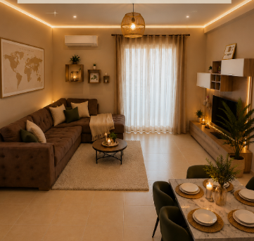 Small Living Room Decor Ideas on a Budget: 25 Stylish Ways to Make It Look Expensive Warmly lit living and dining room featuring small living room decor ideas on a budget with a brown sectional sofa, a round coffee table, a TV media unit, ambient strip lighting, and a dining table set.