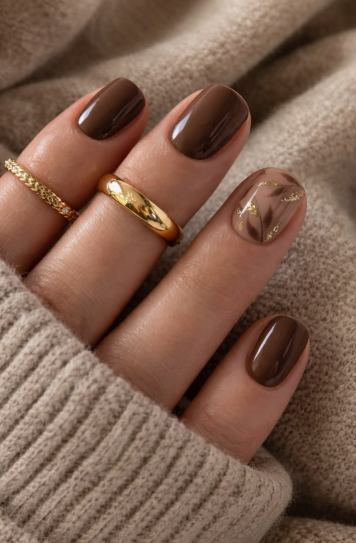Short nail designs featuring glossy dark brown polish paired with an accent nail containing gold leaf and abstract line art.