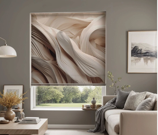 A contemporary living space featuring a window roller blind printed with abstract flowing waves, showcasing creative bedroom makeover ideas on a budget translated into unique window treatments.