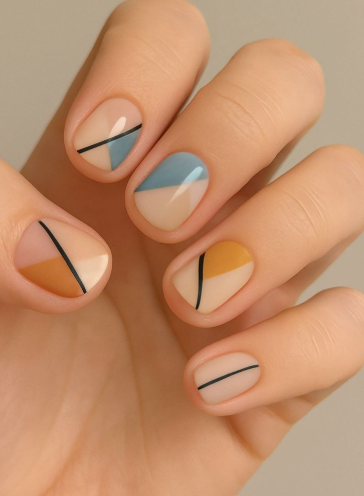 Short nail designs featuring abstract geometric color-blocking in muted tones of blue, mustard yellow, and brown, separated by sleek black lines on a neutral glossy base.