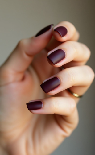 Short nail designs featuring a sophisticated matte finish in a deep burgundy or plum shade on clean, short square nails.