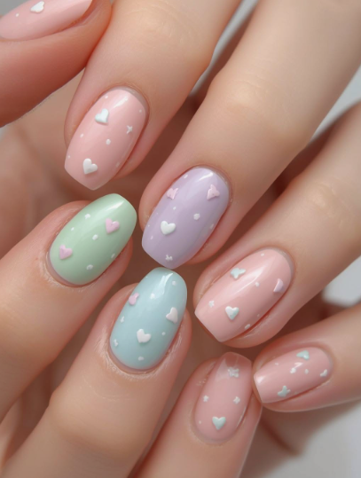 Short nail designs featuring glossy pastel shades of pink, mint green, lavender, and soft blue, adorned with tiny raised white hearts and polka dots.
