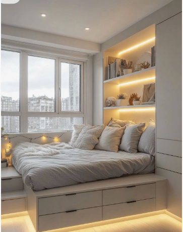 A built-in platform bed with under-bed drawers, illuminated recessed shelving, and a large window, demonstrating smart bedroom makeover ideas on a budget for maximizing small spaces.
