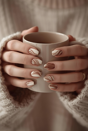 Short nail designs featuring glossy, fluid brown and cream abstract swirl patterns on clean short square nails.