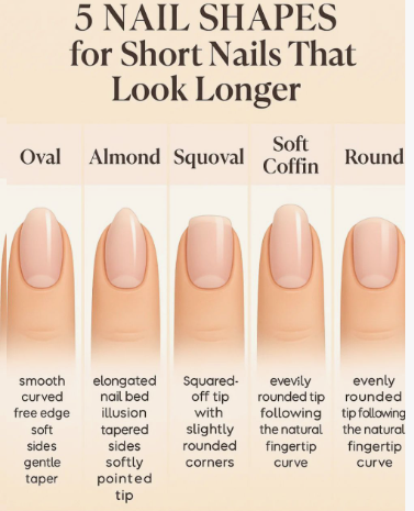 Short nail designs featuring an educational guide displaying five nail shapes for short nails that look longer: Oval, Almond, Squoval, Soft Coffin, and Round.