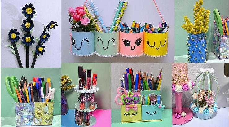 A collage of colorful DIY crafts using things you have at home, featuring painted tin can pencil holders, handmade paper flowers, and upcycled desk organizers.
