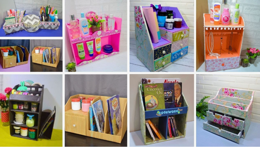 A collage of custom desktop storage units and drawers created as DIY crafts using things you have at home out of recycled cardboard.